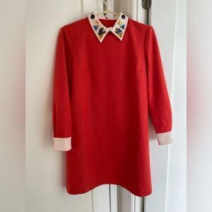 Orange Wool Blend Dress with Embellished White Collar and Buttoned Cuffs